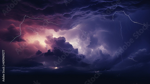 A sunset with beautiful dark and mysterious clouds with lighting striking and rain, purple looking sunset in the night sky, background