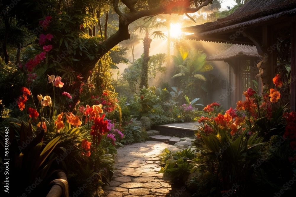 A tranquil garden with exotic flowers and plants, bathed in the soft light of a morning sunrise.