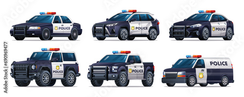 Set of police cars in different types. Patrol official vehicle, sedan, suv, pickup, van. Vector illustration
