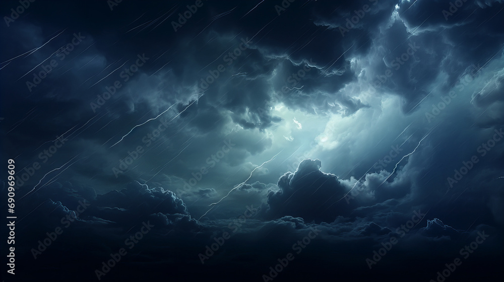 dark mysterious and stormy looking clouds with lightning striking out of them in the beautiful rainy night sky, background - obrazy, fototapety, plakaty 