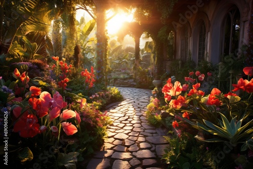 A tranquil garden with exotic flowers and plants, bathed in the soft light of a morning sunrise.