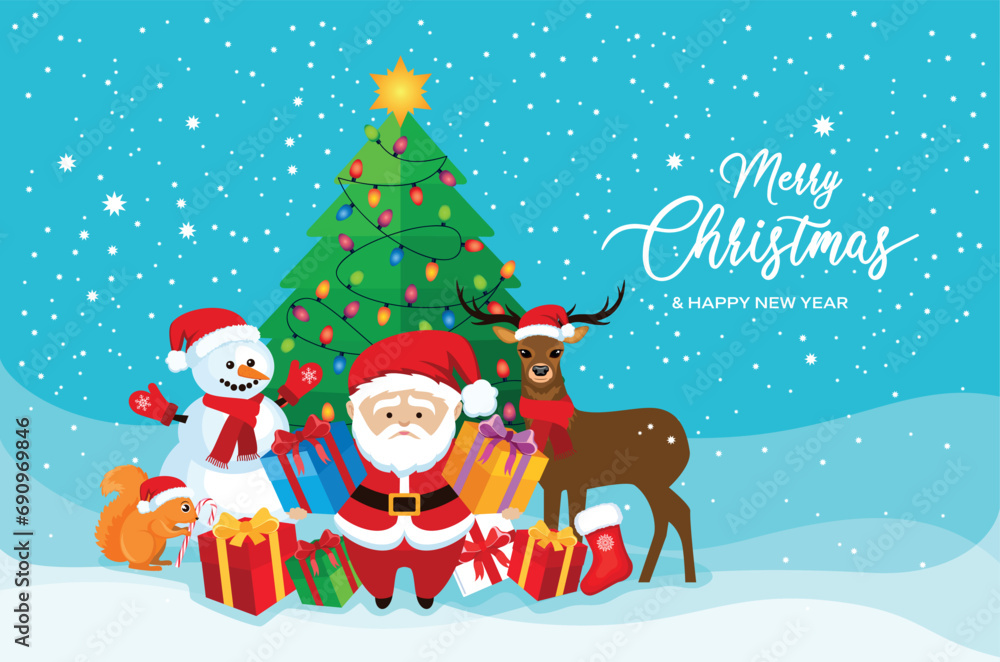 Santa Claus, deer, snowman and christmas tree vector illustration. Decorated christmas tree, cute santa, reindeer and snowman in winter landscape cartoon. Fairytale christmas tree with garland lights Santa Claus, deer, snowman and christmas tree vector illustration. Decorated christmas tree, cute santa, reindeer and snowman in winter landscape cartoon. Fairytale christmas tree with garland lights