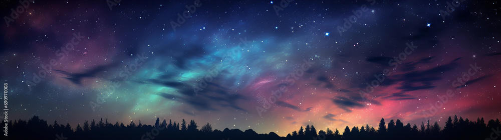 A starry night sky with tree and mountain silhouettes, beautiful multi colored sky banner