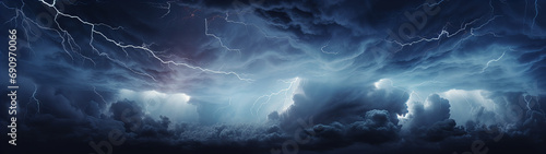 A lightning striking in the night sky with dark and mysterious looking clouds, with light in the distance, banner