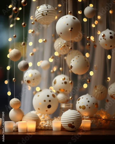 Happy New Year and Christmas holiday concept. beautiful white New Year decorations on blurred background. Copy space.