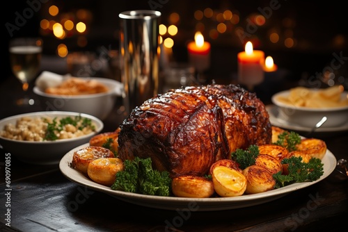 Succulent roast beef with potatoes and herbs photo