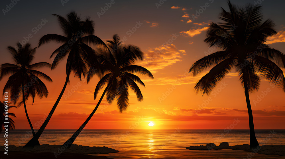 Ocean sunset with silhouettes of palm trees on the beach.