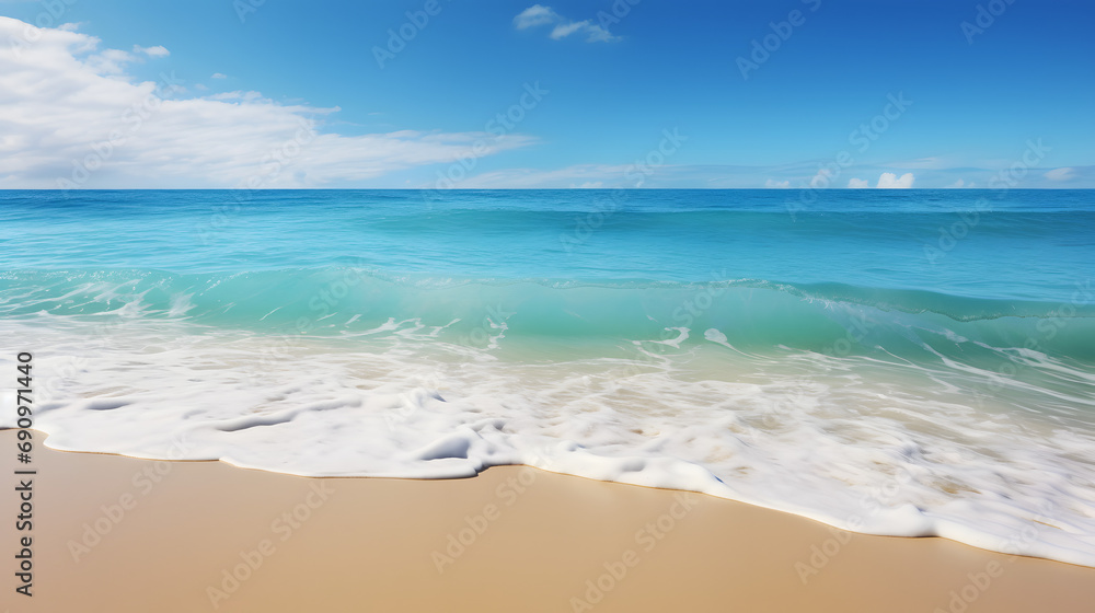 Ocean waves gently lapping on a tropical beach with clear blue sky.