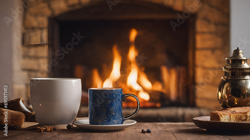 coffee in the fireplace,FiresideBeverage, CoffeeMagic, SippingCoffee, FireplaceComfort,  photo