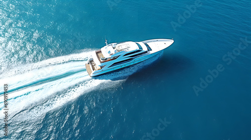 Overhead shot of a luxurious yacht sailing in the blue ocean. © Martin