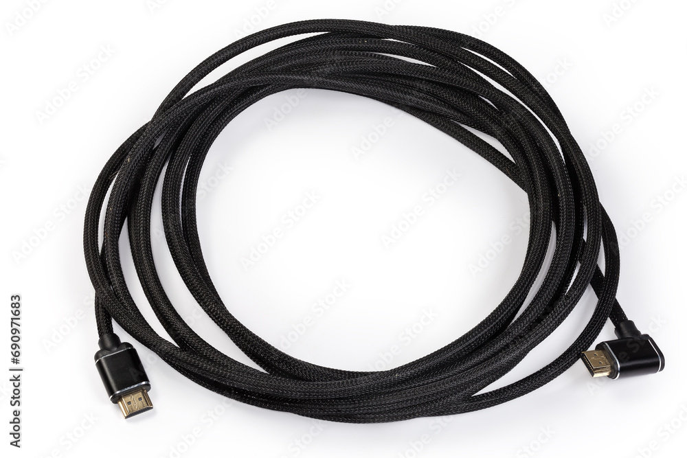HDMI cable with full-size connectors on a white background HDMI cable with full-size connectors on a white background