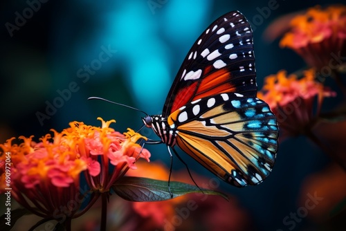 Photo of a close-up shot of a colorful, exotic butterfly on a flower. Generative AI
