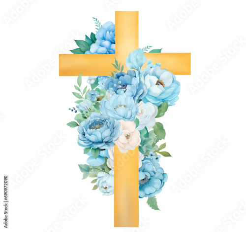 golden cross with blue flowers in watercolor on a transparent background
