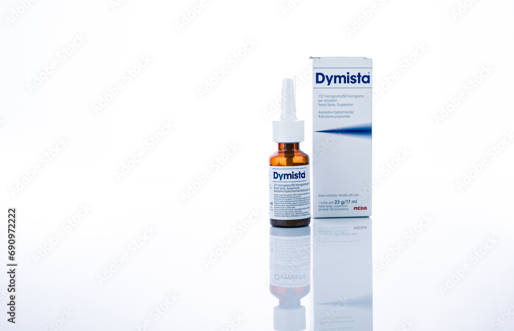 CHONBURI THAILAND DECEMBER 10 2023 Dymista Nasal Spray Isolated On CHONBURI THAILAND DECEMBER 10 2023 Dymista Nasal Spray Isolated On