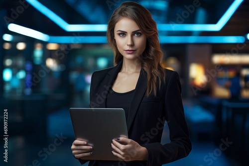 Photo of a confident businesswoman holding laptop. Generative AI
