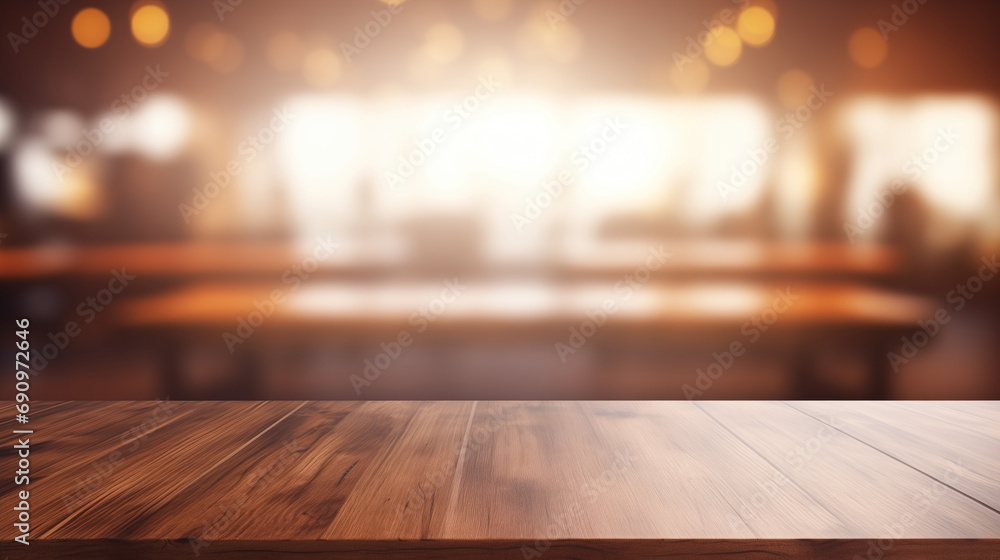 Wooden Kitchen table with blurred background for copy space text