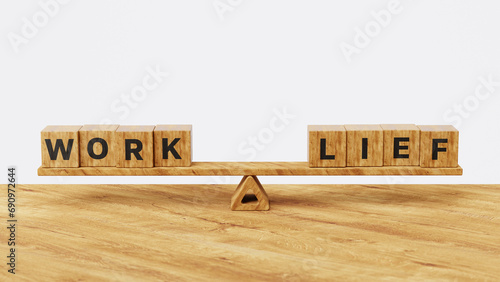WORK LIFE balance concept. Choice between passion, love family versus job, money and professional management. WORK LIFE wooden cubes on balance scales. 3d illustration