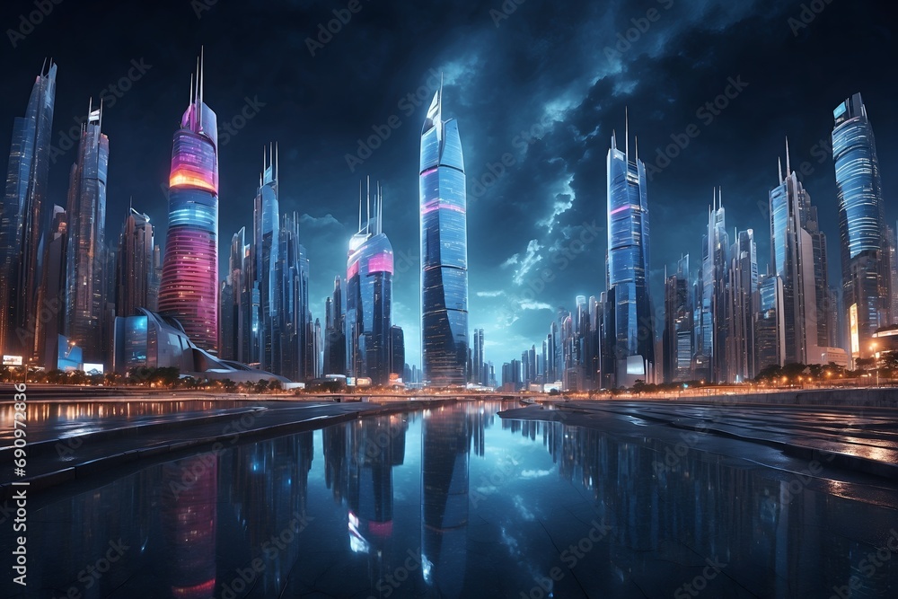 the futuristic city is lit up in light, in the style of photo-realistic landscapes