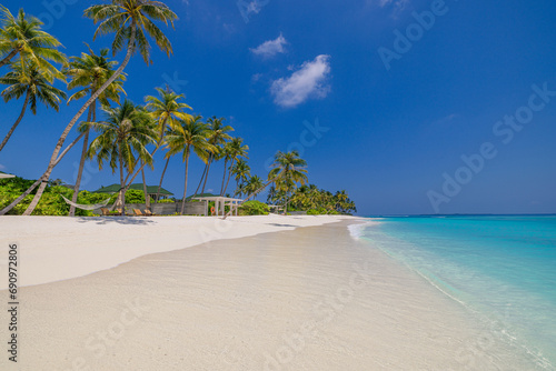 Amazing nature beach. Stunning sea coast palm trees sunny moody sky. Summer vacation travel holiday background. Maldives paradise destination. Luxury popular travel summer holiday landscape seascape