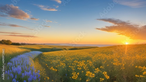 Sunrise Over Field of Yellow and Purple Flowers with Ocean View