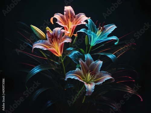 glowing lilies  glowing lines  black background  for design  isolated