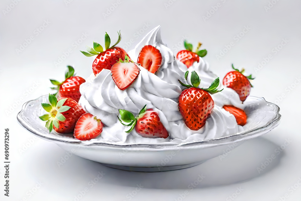 Plate of strawberries with whipped cream. White background. Composition.