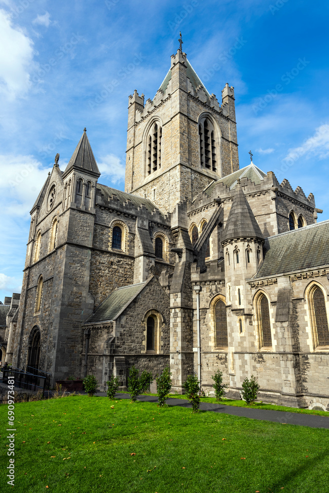 Exterior view of Christchurch Cathedral, in Dublin, Ireland, medieval church built in 11th century.
