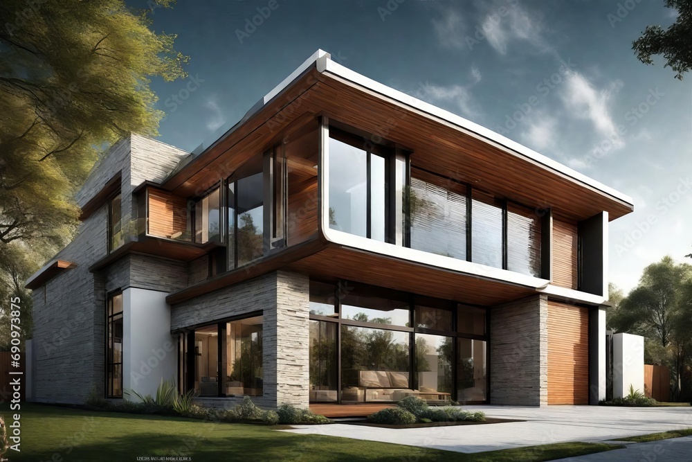 Modern Two-Story House with Large Windows and a Garden