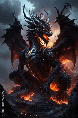 he image of a dragon with flames, in the style of dark