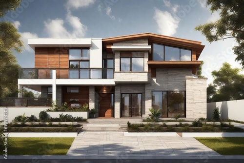 Modern Two-Story House with Wooden and Stone Exterior and Landscaped Front Yard © Sheharyar