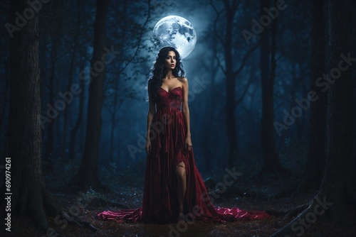 a woman in red dress standing in the woods at night