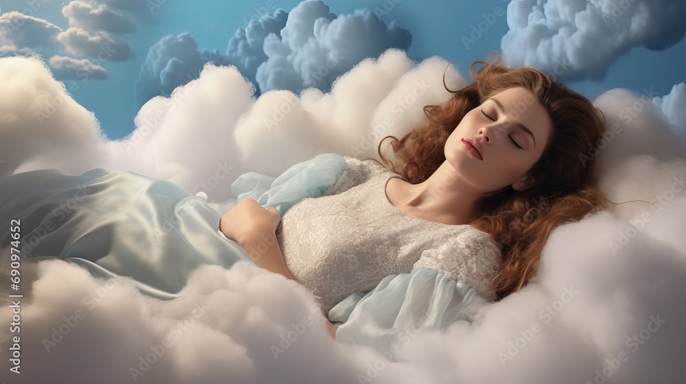 Young woman in pajamas sleeping on clouds and blue sky
