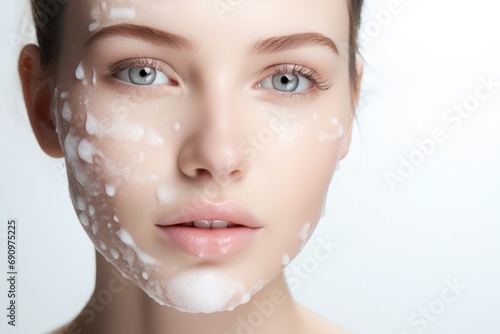 young woman washing foam face by natural foamy gel, personal hygiene, skincare daily routine, cleansing beauty product 
