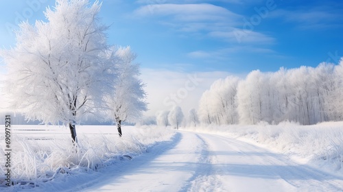 Dirt road leading to frosted woodland along snowy farmland under blue sky with white fluffy clouds © Emil
