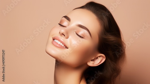 skincare beauty model woman face with healthy skin and natural makeup, happy young adult girl with closed eyes on beige background, spa concept photo