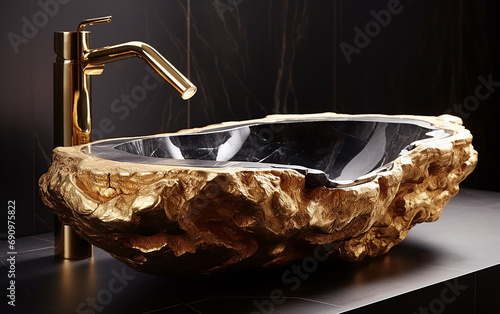 Pia de banheiro com pedras contrastantes, preto e dourado  photo
