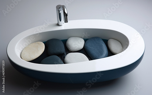 Pia de banheiro com pedras contrastantes, branco e azul 