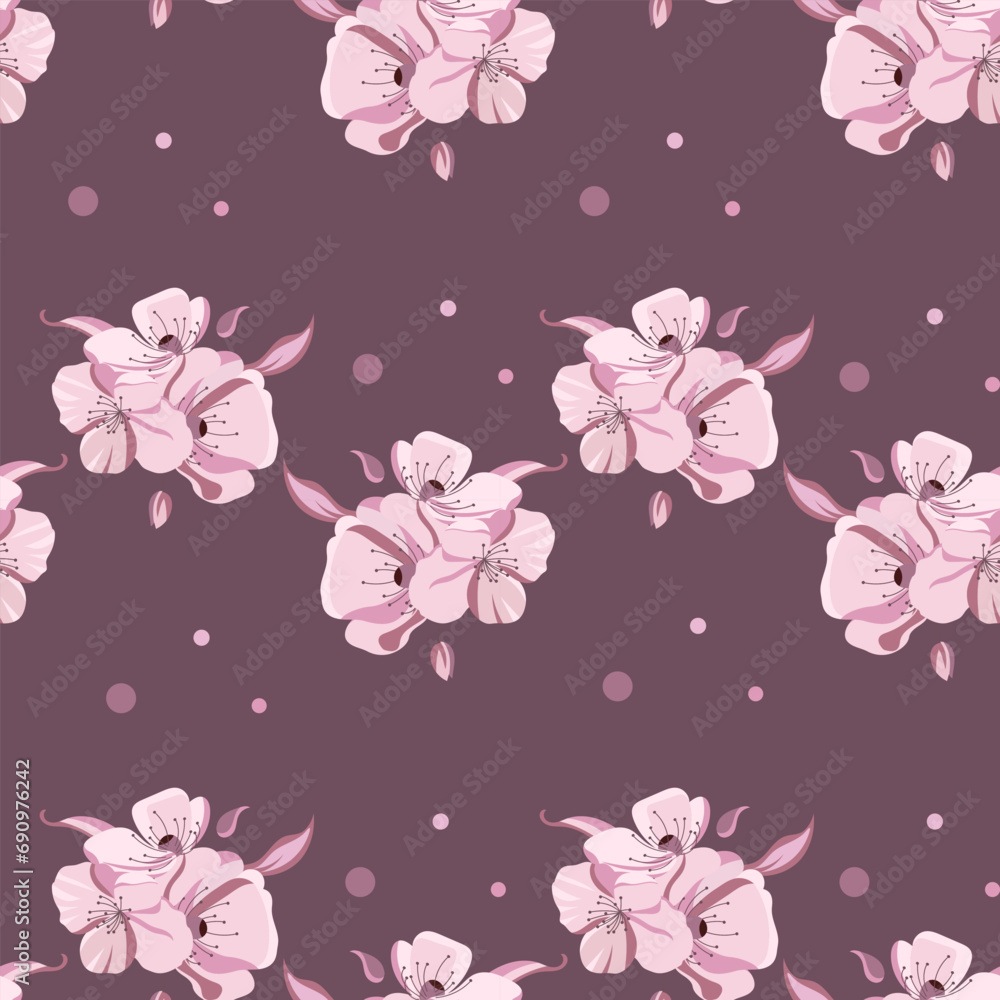 Seamless pattern, delicate pink flowers on a dark background. Print, floral background, textile, vector