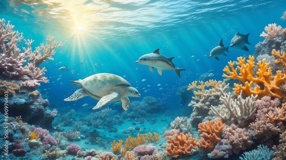 Obraz premium This is a vibrant and colorful photo of a coral reef ecosystem with a sea turtle and shark swimming among the coral and fish.Created with generative AI