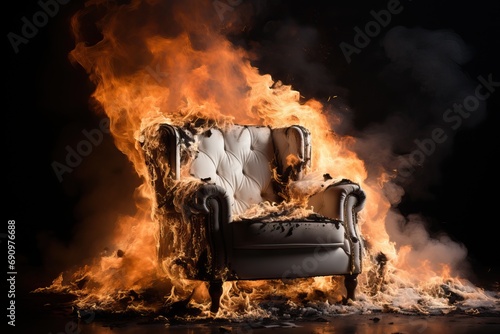 A burning chair in the office, burnout and loss of reality. Deadline and postponement of issuing the order on time. photo