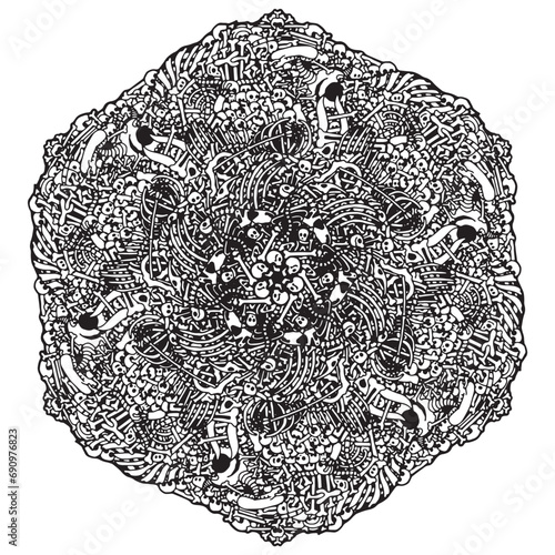 Abstract hexagonal image with intricate bones, demons and aliens