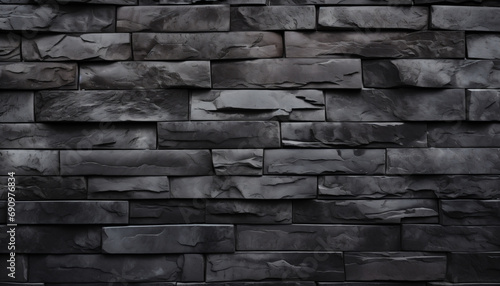 Black brick texture background. Modern black stone tile wall pattern and background. 