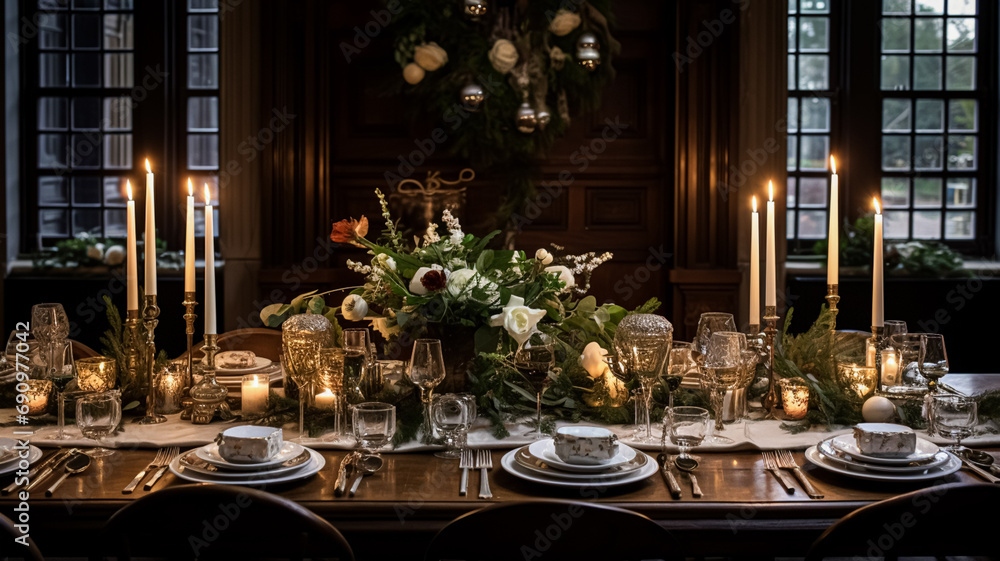 Christmas at the manor, holiday tablescape and dinner table setting, English countryside decoration and interior decor