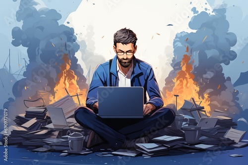 The concept of office and business burnout in a man. illustration concept of overload in the workplace.