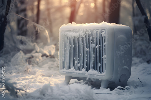 Frozen white electric radiator caught in the icy grip of winter in the forest. photo