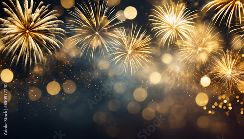 Vintage background with fireworks and bokeh lights.