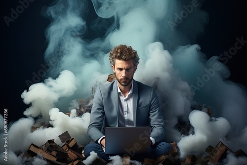 A man sits at a table and works at a computer, the concept of emotional burnout of a worker.