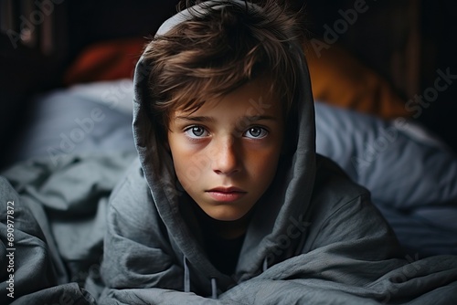 Frightened little boy sits under a blanket. Devastated and over-stressed kid with depressed mood.