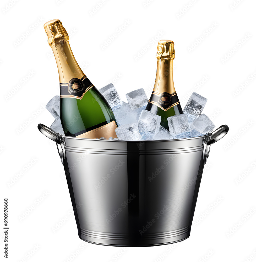 Bottles of Champagne in ice bucket cooler isolated on transparent or white background Bottles of Champagne in ice bucket cooler isolated on transparent or white background