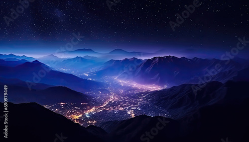 Mountain landscape with magical purple night light and starry sky.
